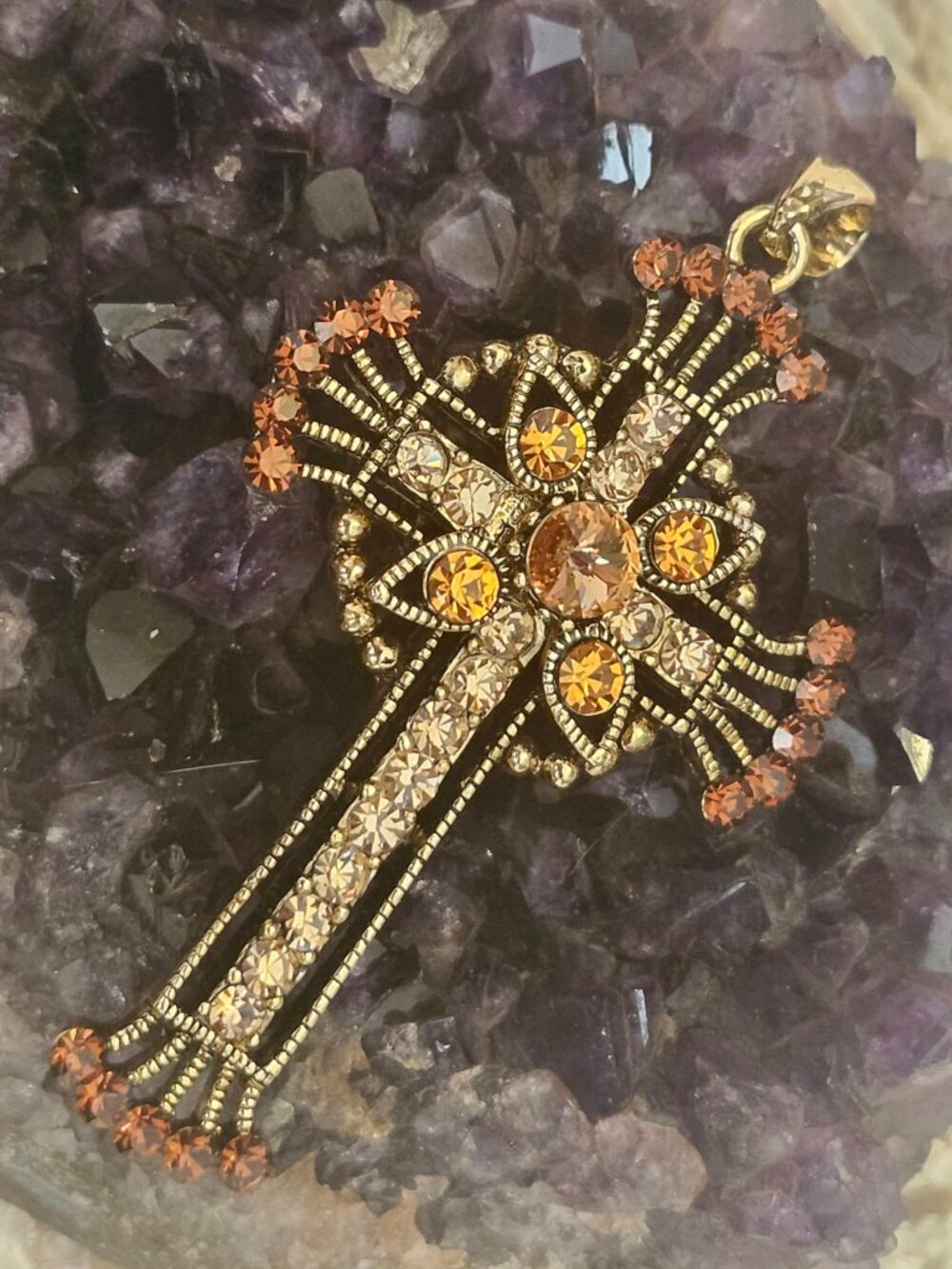 Ornate Gold Tone Cross Pendant Amber Rhinestone Gothic Statement
